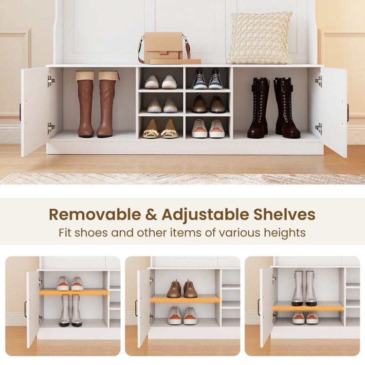Hall tree with adjustable shelves and shoe storage, featuring a white finish, perfect for hallways and mudrooms.