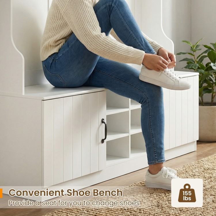 Shoe bench with adjustable shelves and hooks, ideal for organizing shoes and accessories in hallways or mudrooms.
