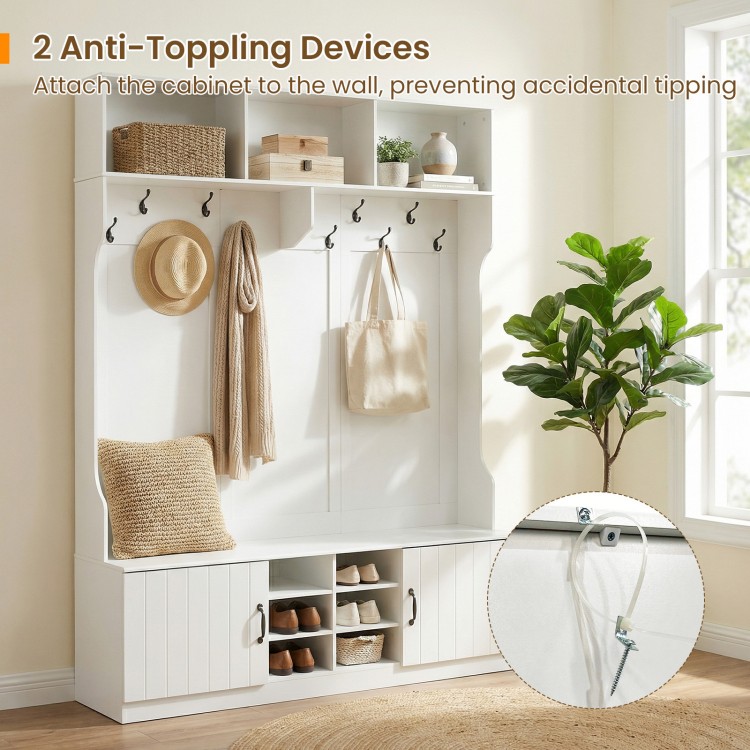 Hall tree with bench and storage in white, featuring hooks, cubbies, and anti-toppling devices for safety in hallways.