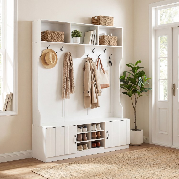 Side view of the 59" wide hall tree in white, showcasing the shoe bench, hooks, and cubbies for versatile storage.