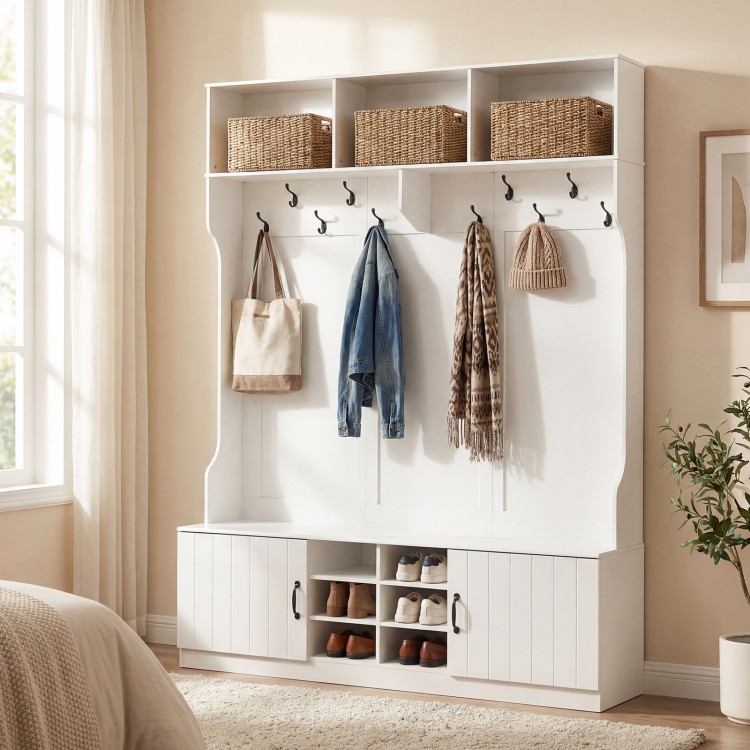 6-in-1 hall tree with bench and storage in white, featuring hooks, cubbies, and adjustable shelves for organized.