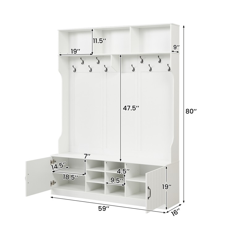 6-in-1 hall tree with bench and storage in white, featuring hooks, cubbies, and adjustable shelves for organization.