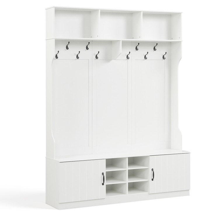 White hall tree with multiple hooks and cubbies, showcasing a shoe bench for convenient entryway organization.