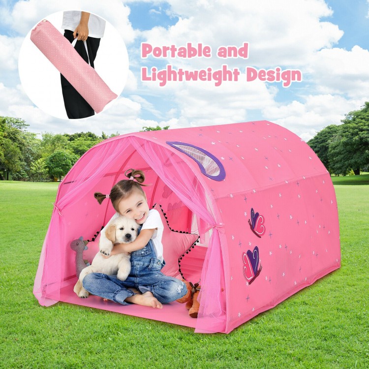 Pink kids play tent with double net curtains, made of peach skin fabric, perfect for indoor and outdoor fun.
