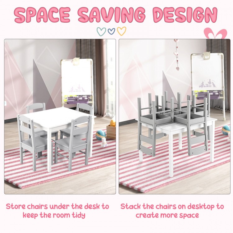 Kids 5 piece table and chair set in white, featuring space-saving design with chairs stacked on the table for easy.
