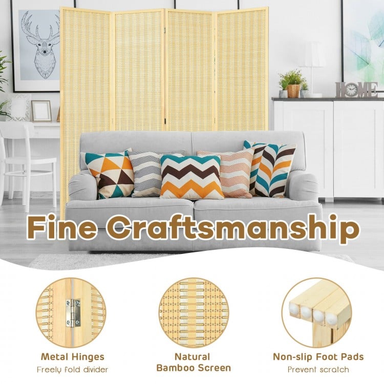 Portable 6 ft natural bamboo folding room divider screen with metal hinges and non-slip foot pads for optimal privacy.