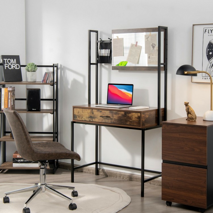 Industrial vanity table in bag-brown with adjustable mirror, spacious drawer, and chic black metal frame for stylish.