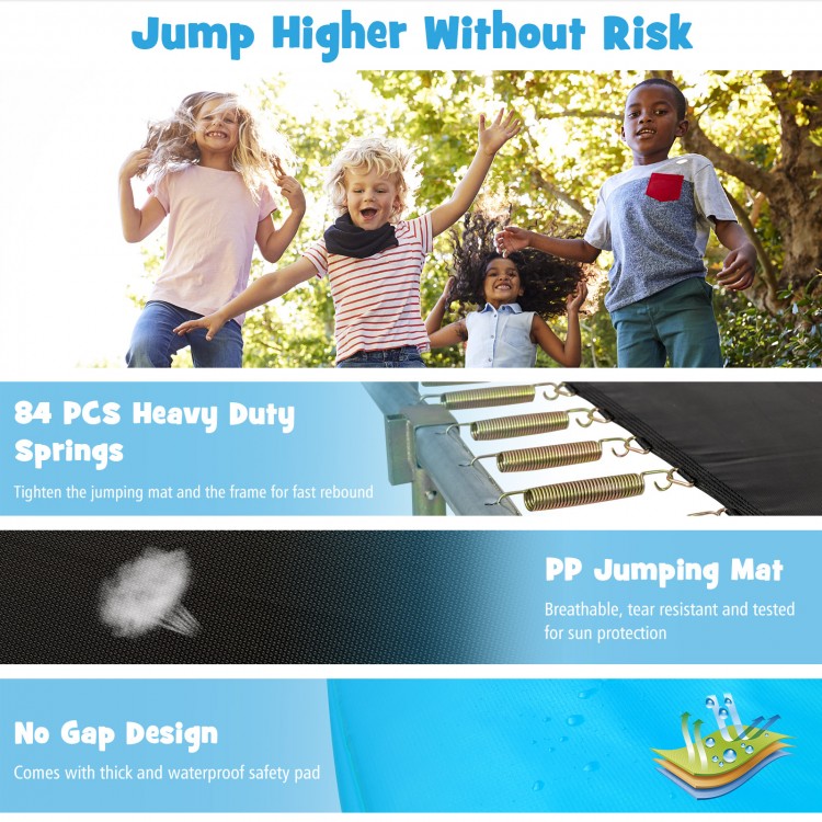 Rectangular 8 x 14 feet trampoline with safety enclosure net, thick safety pad, and sturdy steel frame for safe jumping.