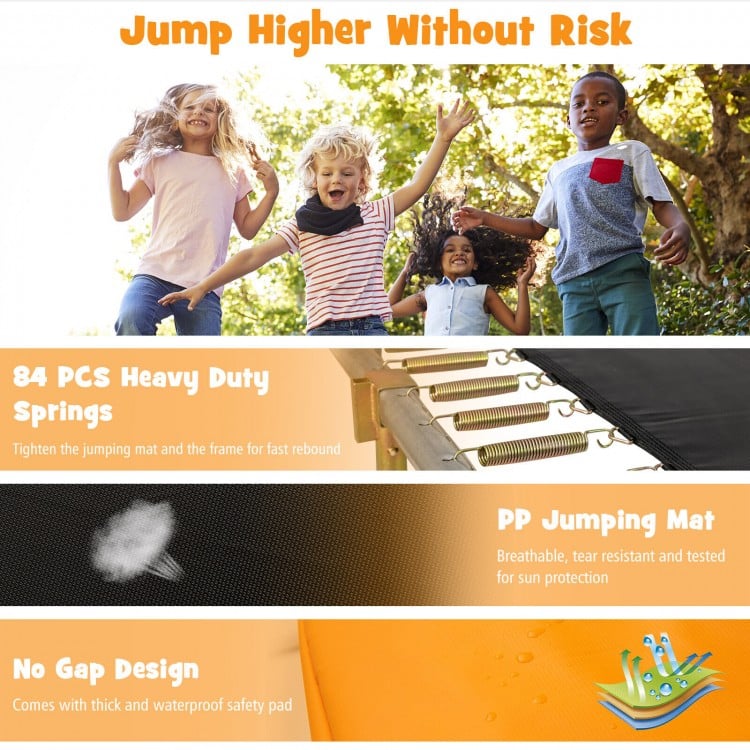 Rectangular 8 x 14 feet trampoline with safety enclosure, featuring a waterproof safety pad and sturdy steel.