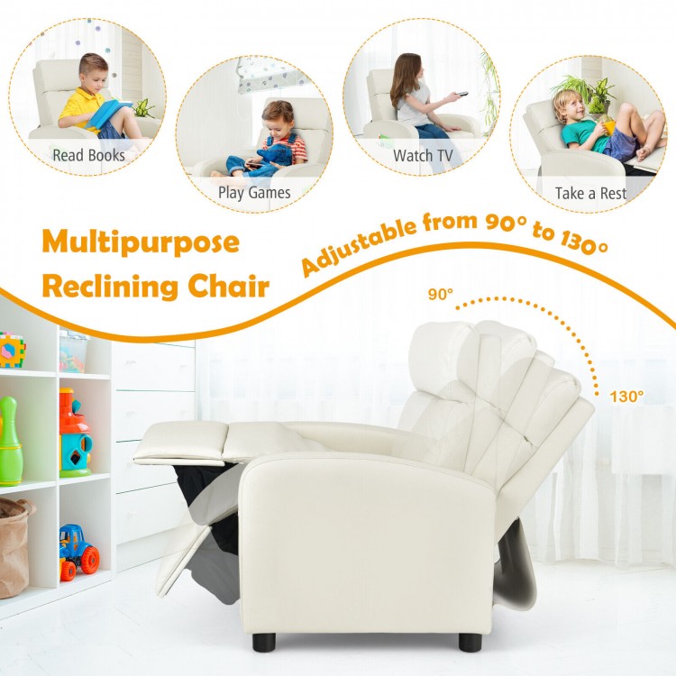 Kids ergonomic PU leather recliner chair in white, adjustable from 90° to 130°, perfect for reading, playing, or.