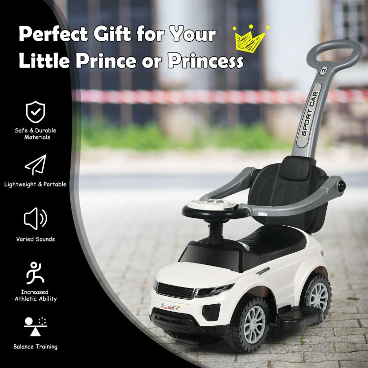 3-in-1 ride-on push car in white with removable parental handle, music features, and storage for toddlers aged 12-36.