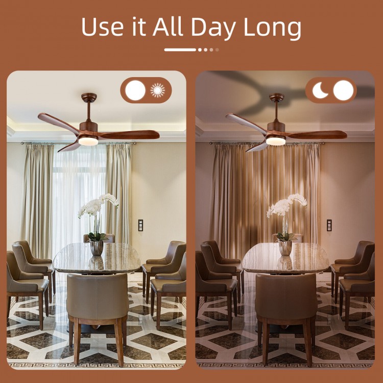 52-inch reversible ceiling fan in brown with LED light, showcasing adjustable temperature for year-round comfort.