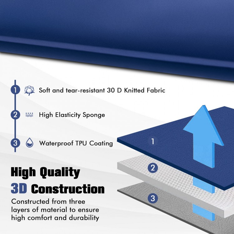 Self-inflating foam sleeping cot in blue with 30D knitted fabric, waterproof TPU coating, and high elasticity sponge.