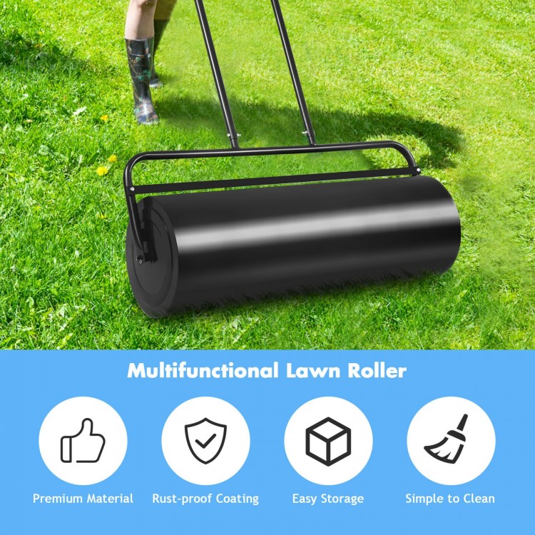 36 x 12 inch black lawn roller with U-shaped handle, ideal for leveling gardens and patios, made of durable steel.