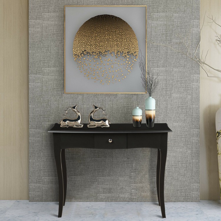 Elegant black console table showcasing a spacious top and curved legs, crafted from acacia wood and MDF, for stylish.