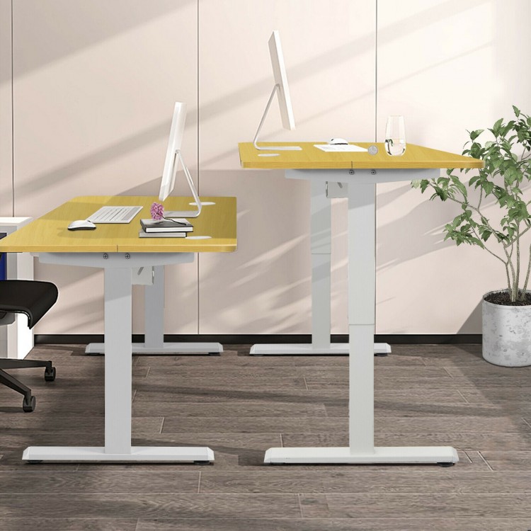 Electric height adjustable desk in natural finish, featuring a control panel and USB port for convenient workspace.