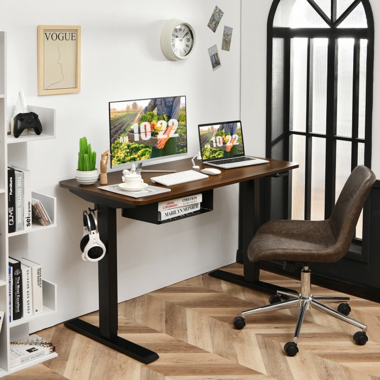 Electric height adjustable standing desk in walnut finish with dual monitors, ergonomic design, and storage compartment.