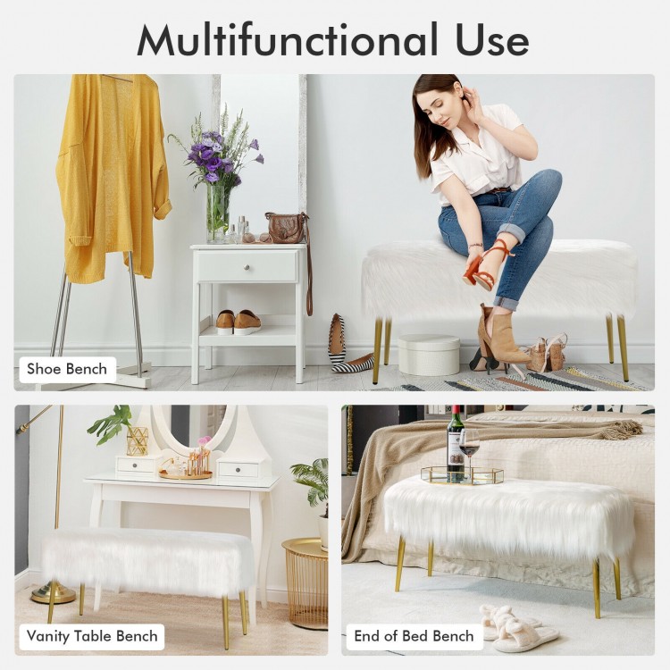 Upholstered faux fur vanity stool with golden legs, ideal as a shoe bench or end of bed bench for stylish comfort.