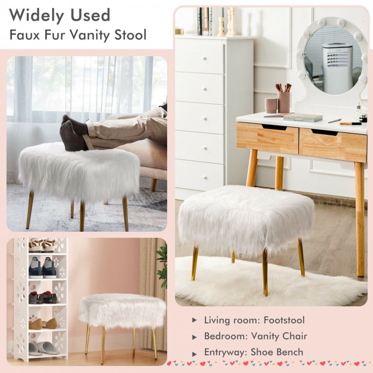 Faux fur vanity stool with golden metal legs, perfect as a footstool or shoe bench for stylish home decor.