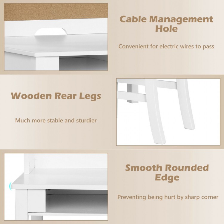Kids desk and chair set in white featuring a cable management hole, wooden rear legs, and smooth rounded edges for.