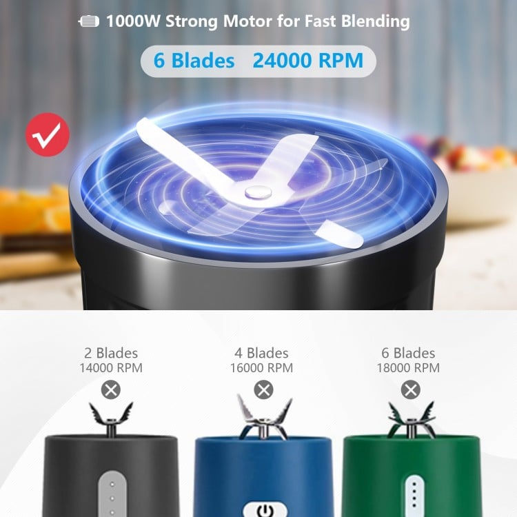 Top view of the 1000W portable blender with 6 blades, showcasing its powerful design for smoothies and juices.