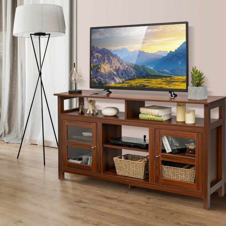 58-inch brown TV stand with 2 cabinets and open shelves, perfect for living room decor and organizing media equipment.