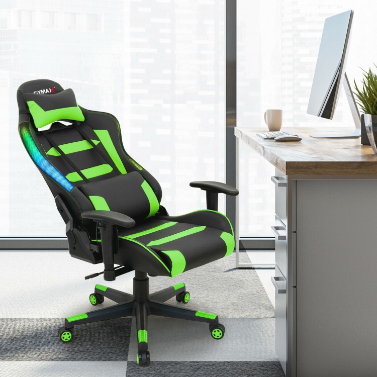 Ergonomic adjustable swivel gaming chair in green with RGB lights, designed for comfort during gaming and work.