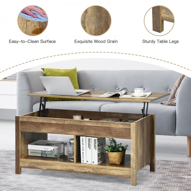 Lift top coffee table in natural finish with hidden storage and lower shelf, ideal for study or living room use.