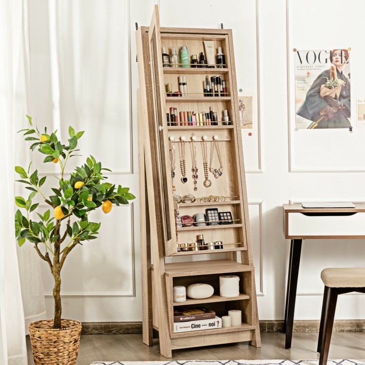 Side view of the 2-in-1 wooden cosmetics storage cabinet highlighting the full-length mirror and elegant design for.