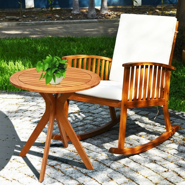 Round solid wood coffee side bistro table with X-shaped legs, varnished for water resistance, perfect for outdoor.