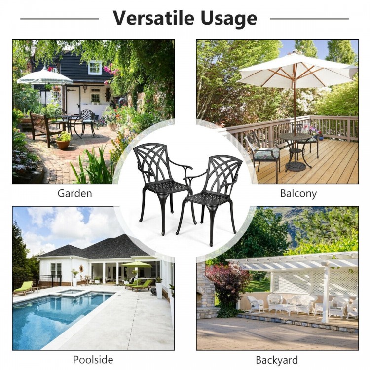 Set of 2 durable aluminum dining chairs with armrests, perfect for outdoor use on balcony, garden, or poolside.