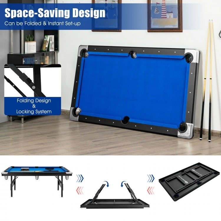 Foldable 6 feet billiard pool table in blue with locking legs and adjustable feet, perfect for small spaces and easy.