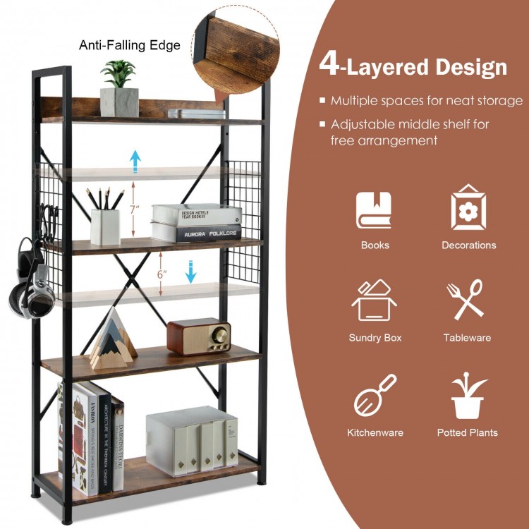 Industrial 4-tier bookshelf in rustic brown with adjustable shelves and hooks, ideal for stylish storage in any room.