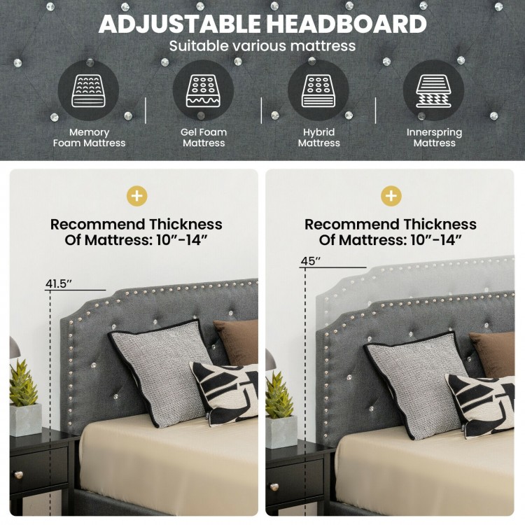 Upholstered bed frame with adjustable diamond button headboard, suitable for mattresses 10"-14" thick, stylish and.