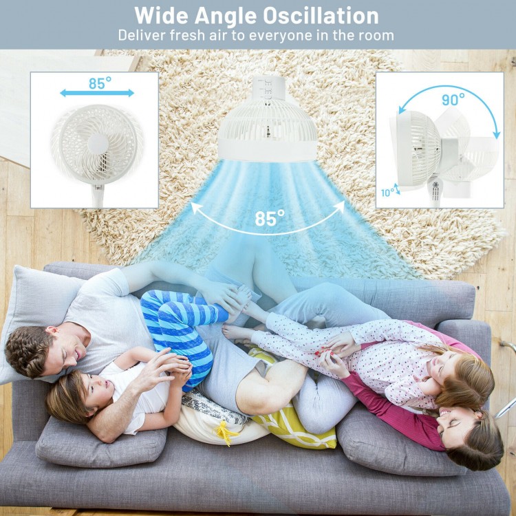 9-inch portable oscillating pedestal fan in white, featuring adjustable height, 85° oscillation, and remote control for.
