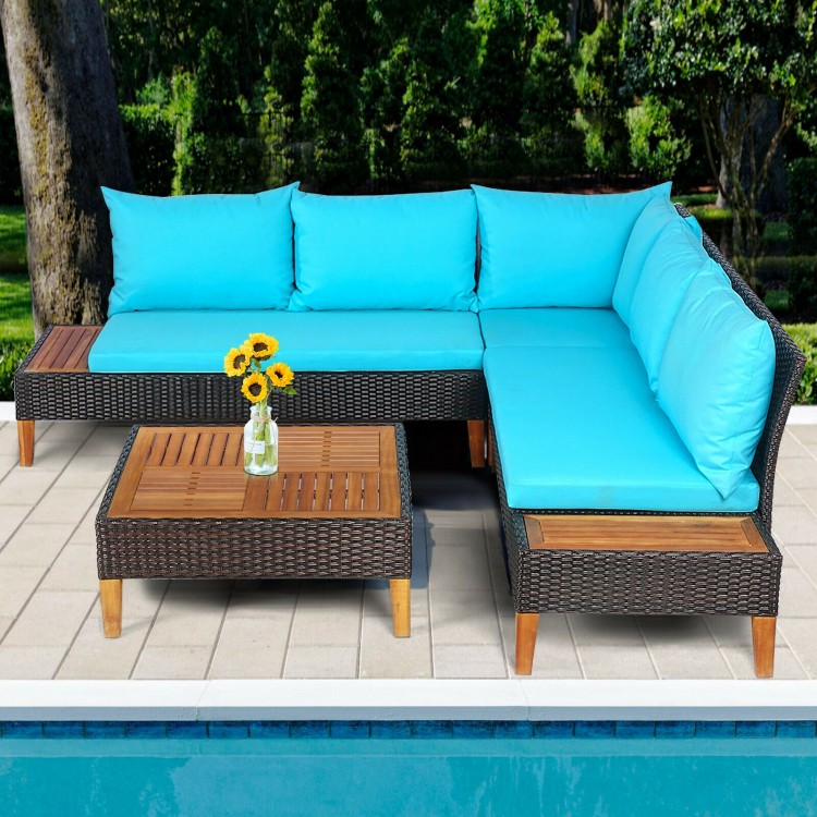 L-shaped patio sofa set with turquoise cushions, acacia wood accents, and a coffee table, perfect for outdoor.