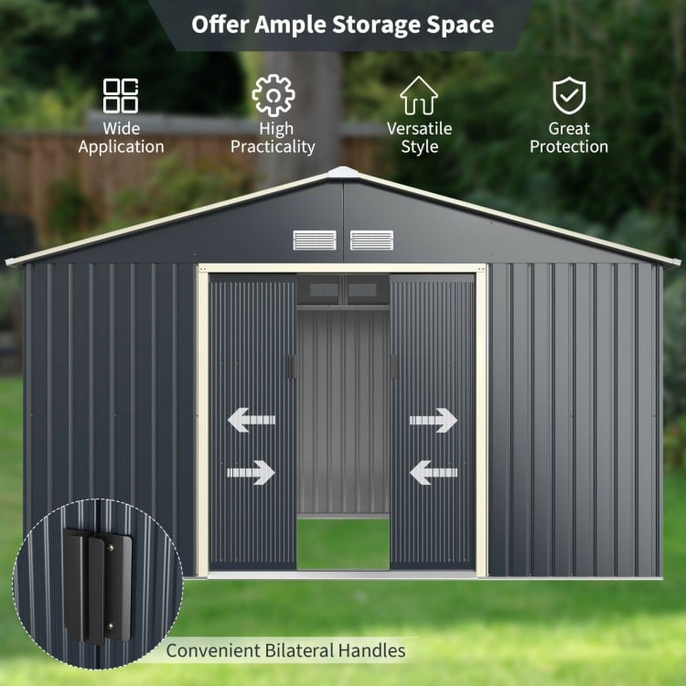 Metal storage shed with double sliding doors, gray color, 86.4 sq.ft space, ideal for garden tools and outdoor use.