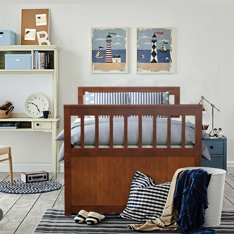 Twin Captain’s Bed with trundle and 3 storage drawers in walnut finish, ideal for kids' rooms and sleepovers.