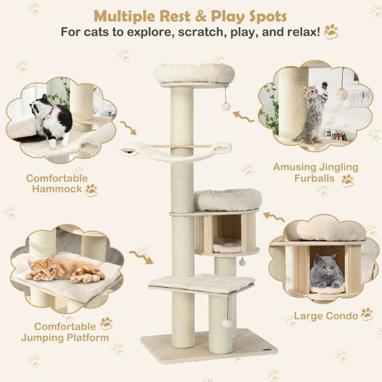 Wooden cat tree condo with plush hammock, large condo, and sisal posts for scratching, designed for cat play and.