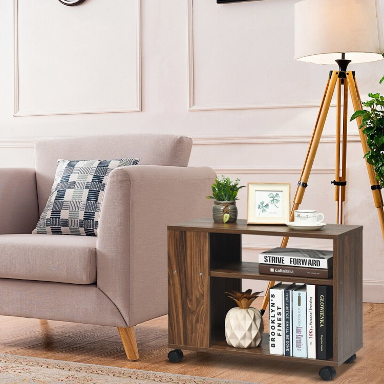 3-tier side table with wheels, made of particle board, featuring ample storage for books and decor in a modern design.