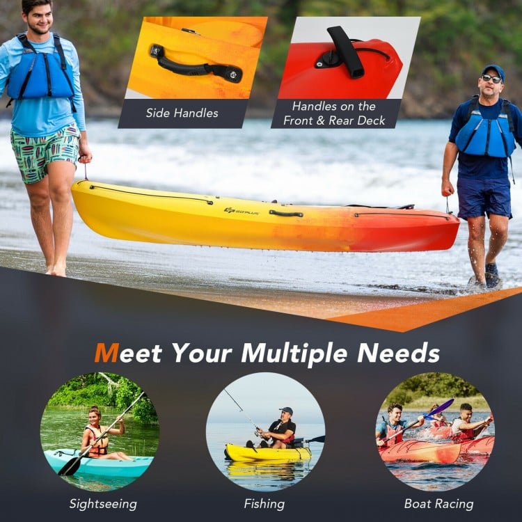 Single sit-on-top kayak in yellow with detachable aluminum paddle, ideal for fishing, sightseeing, and boat racing.