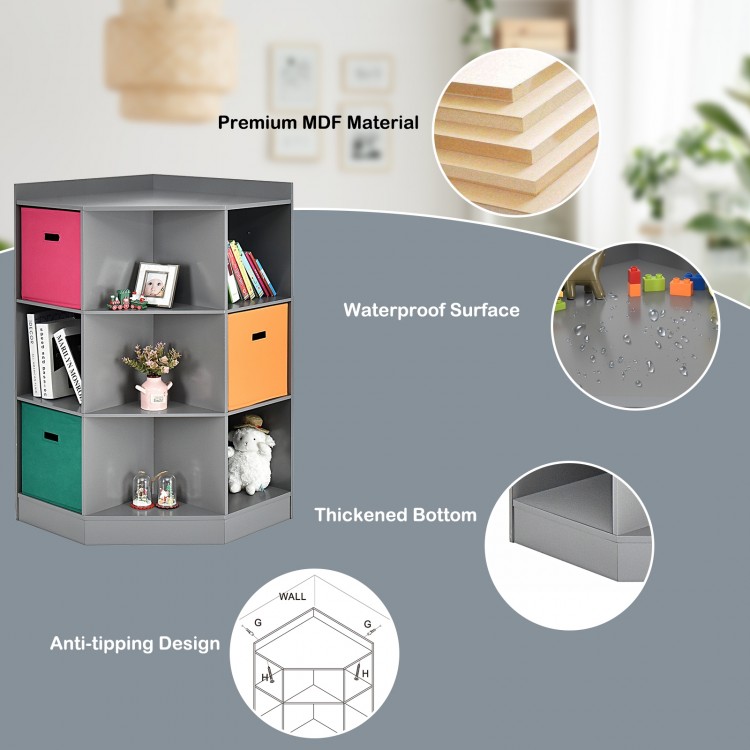 3-tier gray kids storage shelf corner cabinet with 3 colorful baskets and waterproof MDF material for organized space.