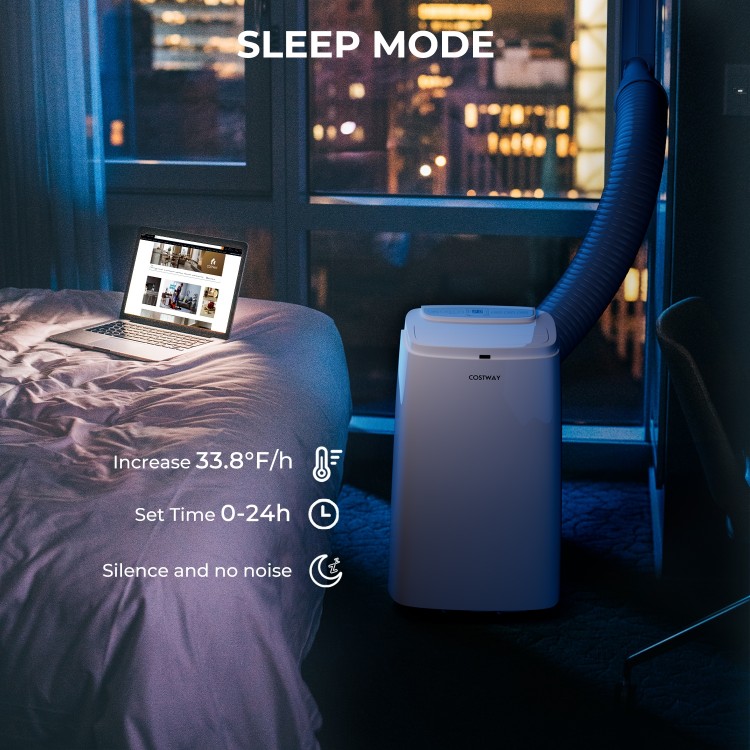 Portable 12000 BTU air conditioner in sleep mode, designed for quiet operation and cooling spaces up to 450 sq.ft.