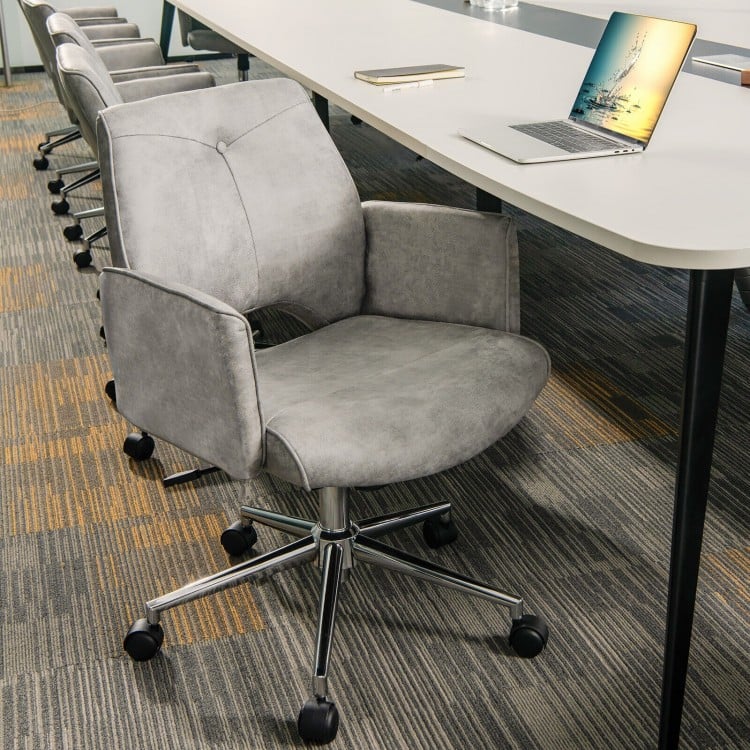 Gray adjustable office chair with armrest, 360° swivel, and modern design for home or office use.