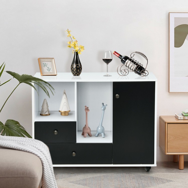 Lateral mobile filing cabinet in black with 2 drawers and open shelves, ideal for versatile storage and display.