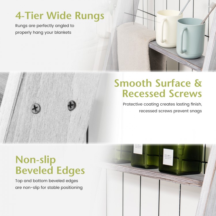 4-tier gray blanket ladder shelf made of pine wood, featuring non-slip beveled edges for stability, ideal for decor and.