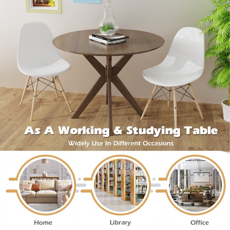 Round 36-inch wood dining table with intersecting pedestal base, ideal for home, office, or café use.