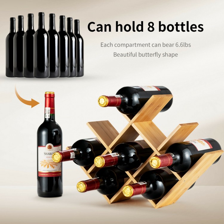 Bamboo wine rack holding 8 bottles in a butterfly shape, ideal for kitchen countertops or dining tables.
