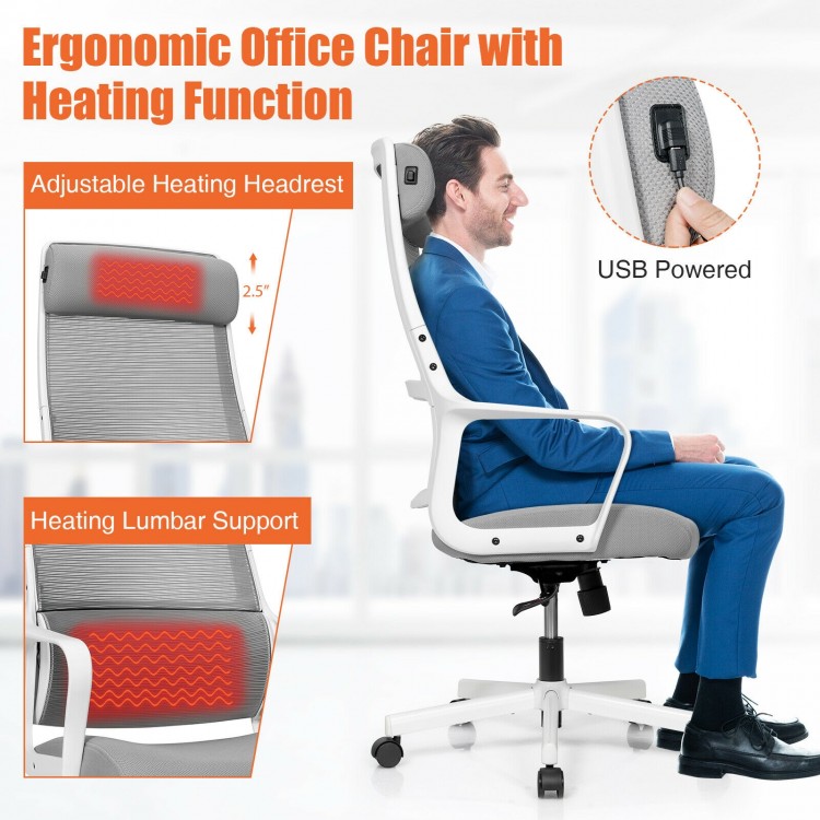 Ergonomic gray office chair with adjustable heating headrest and lumbar support for optimal comfort and relief.