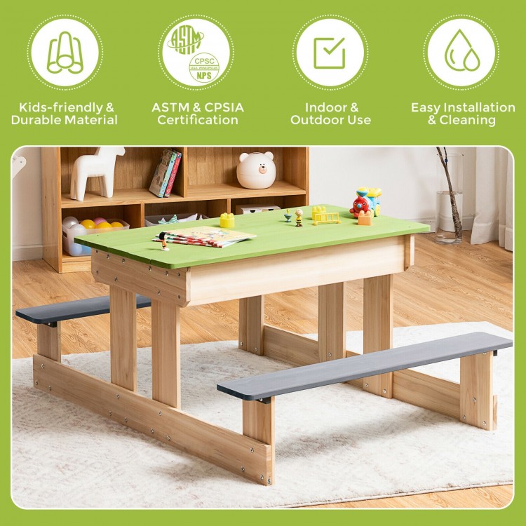 3-in-1 outdoor wooden kids picnic table with detachable sand and water boxes, ideal for backyard play and gatherings.